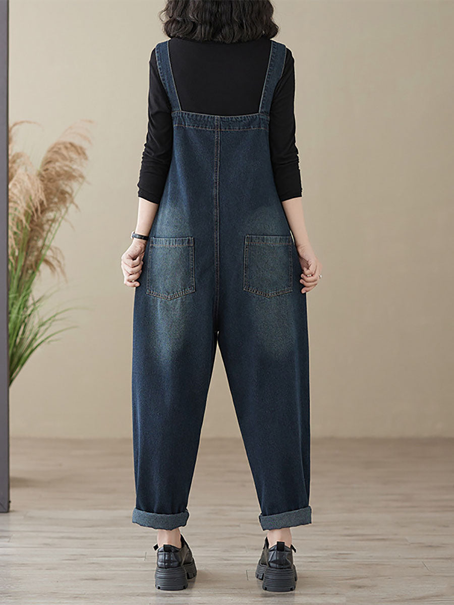 Autumn Retro Patchwork Denim Pocket Jumpsuits Ai1048