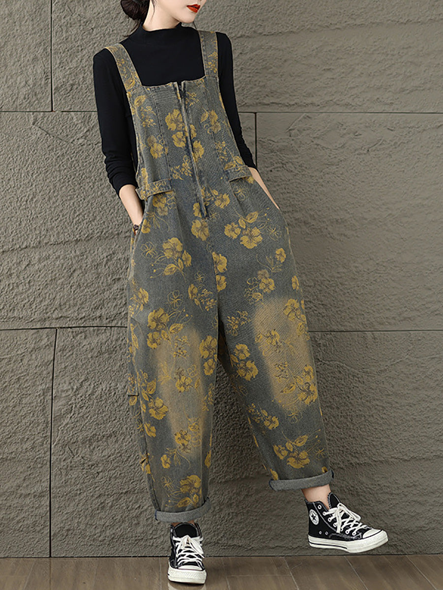 Autumn Retro Flower Zipper Denim Jumpsuits Ax1002