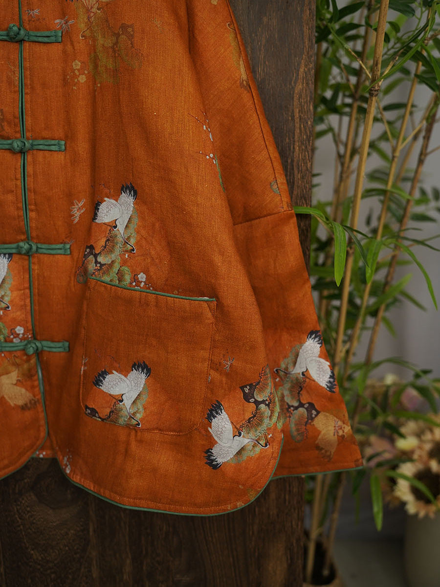 Crane O-neck Print Linen Padded Coat Qu005