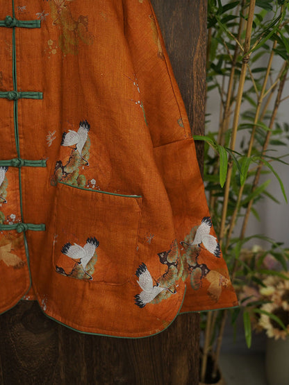 Crane O-neck Print Linen Padded Coat Qu005