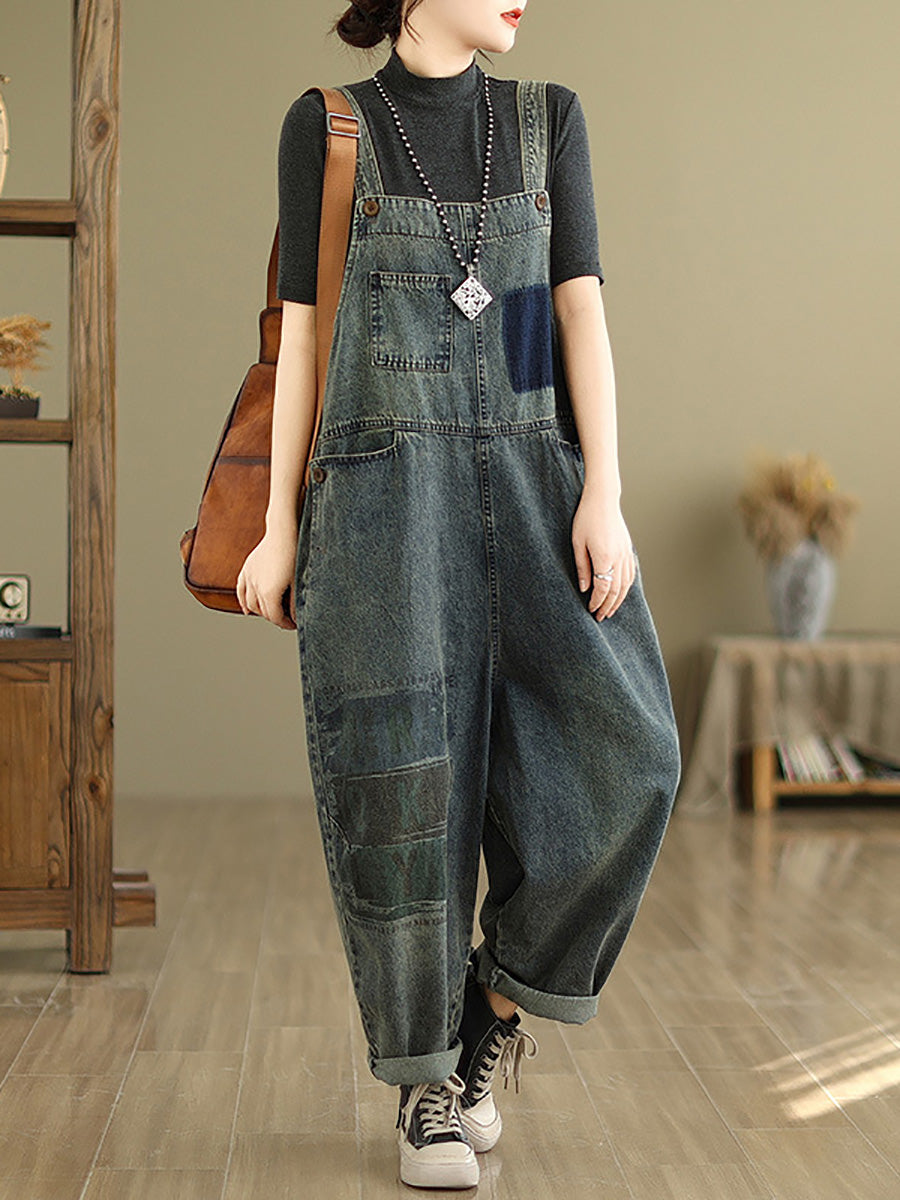 Retro Patchwork Loose Washed Denim Jumpsuits Ah1080