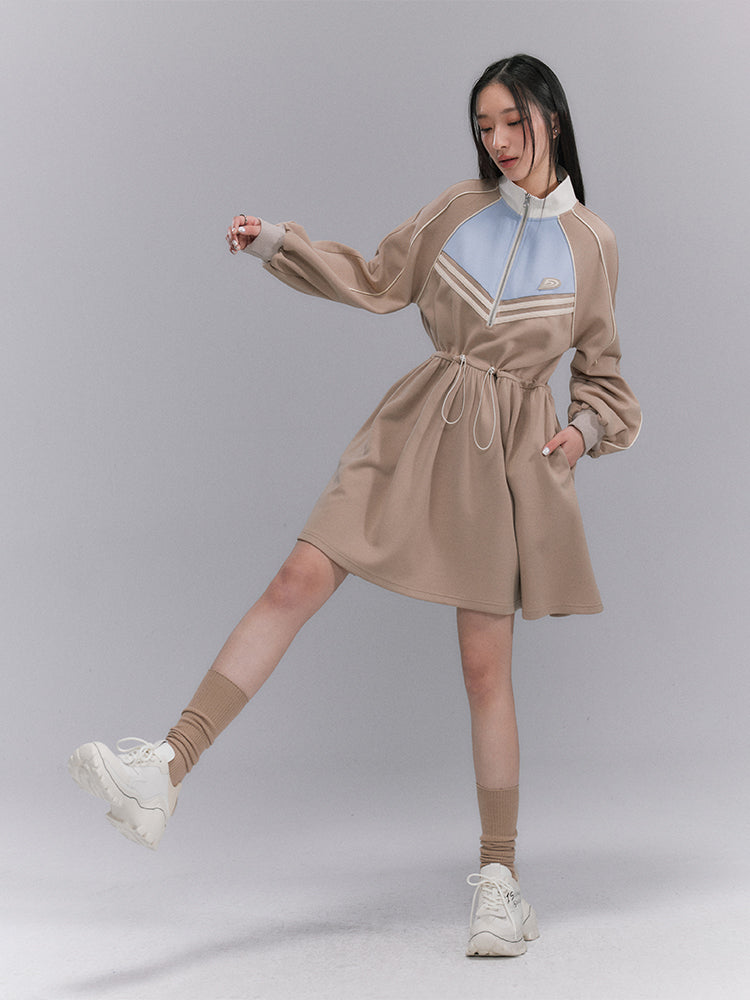 Sporty Flare Stand-collar Drawstring Jumpsuit