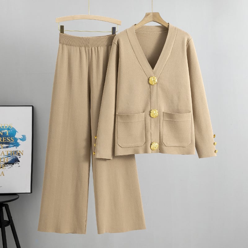 Azaria – Metal Button Wool Sweater Pants Suit