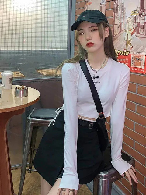 Long Sleeve T-shirts Design Crop Ins Prevalent Bandage Tops Harajuku Ulzzang Street Spring Female Ropa Hot Skinny New