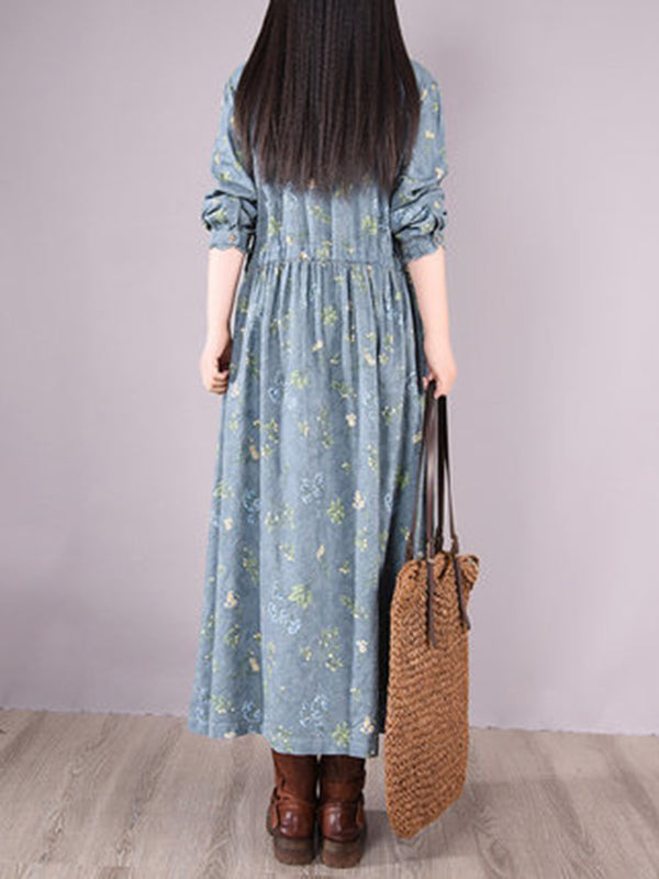 Printed Ramie Cotton Loose Midi Dress