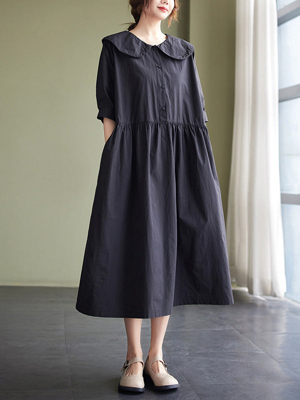 Original Loose Color Buttoned Pleated Midi Dress