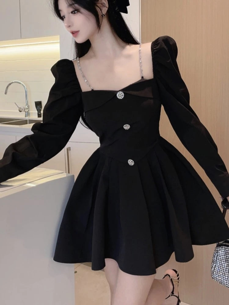 Korean Style Mini Dress Long Sleeve Square Collar Spring High Waist Female Birthday Party Vestidos Mujer