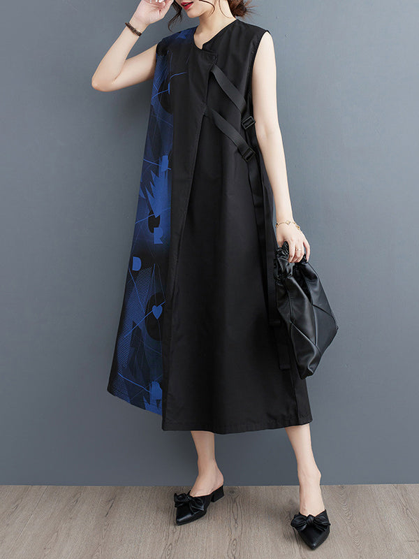 Loose Sleeveless Printed Round-neck Midi Dresses