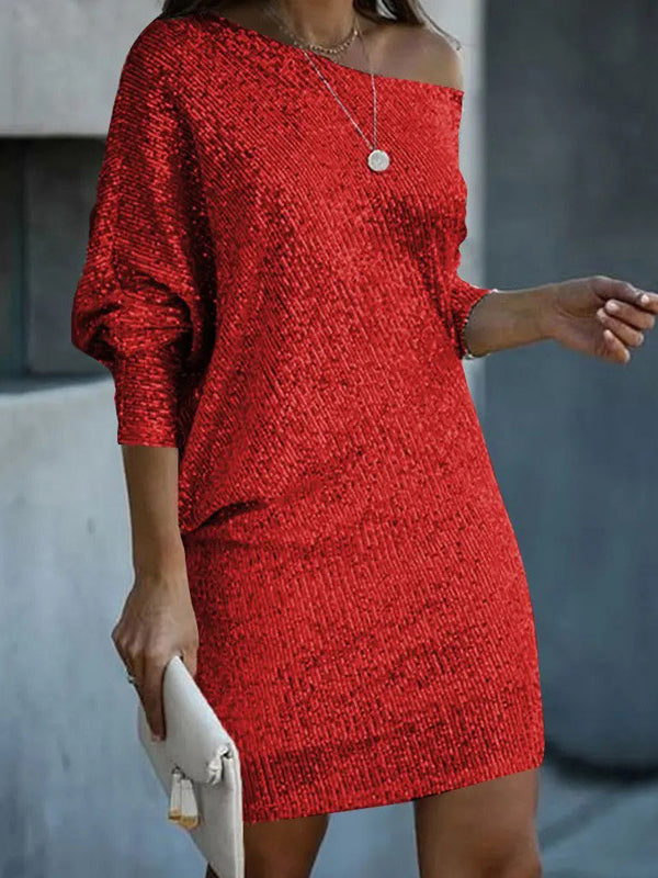 A-line Loose Asymmetric Sequined Color One-shoulder Mini Dresses