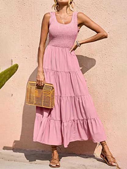 Dresses for Summer Sleeveless Color Long Dress Elastic Waist Beach Party Big Swing