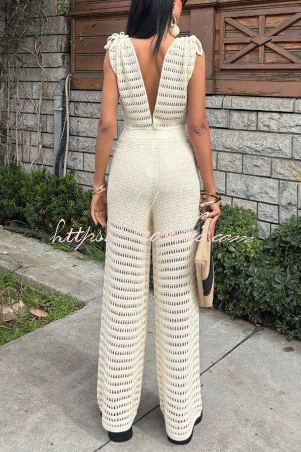 Color Knitted V-neck Holiday Hollow Jumpsuit