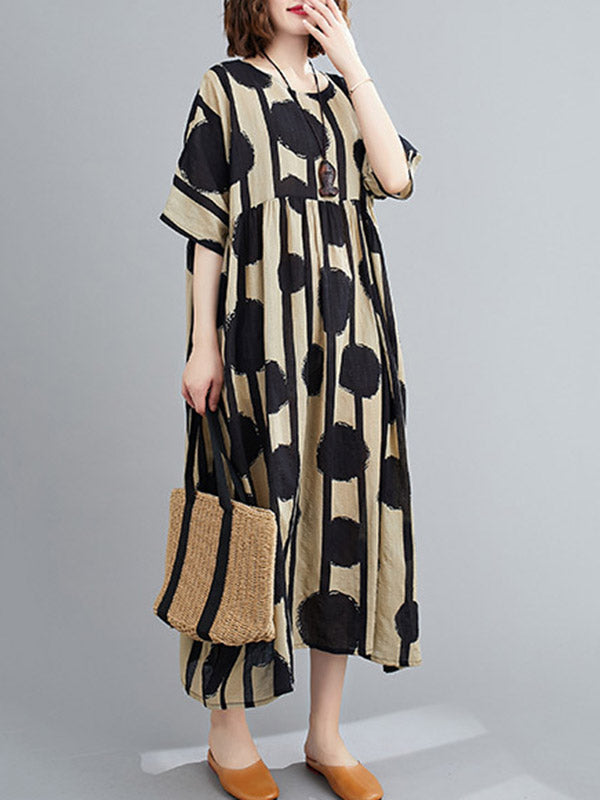 Original Polka-dot Split-joint Round-neck Midi Dress