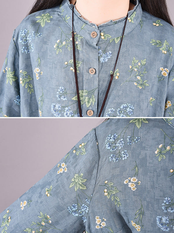 Printed Ramie Cotton Loose Midi Dress