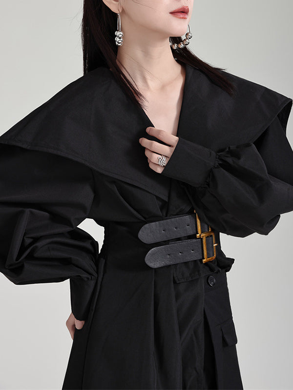 High Waisted Long Sleeves Asymmetric Belted Pleated Color Lapel Midi Dresses