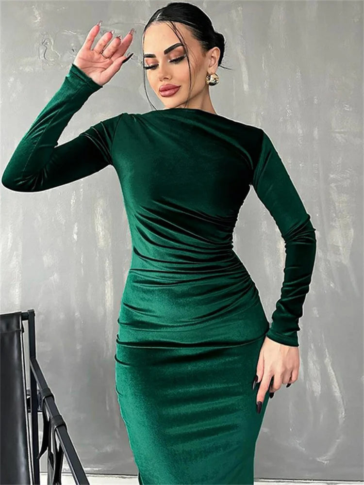 Pleated Slim Maxi Dress for High Waist Long Sleeve Patchwork Party Dress Long Dress New