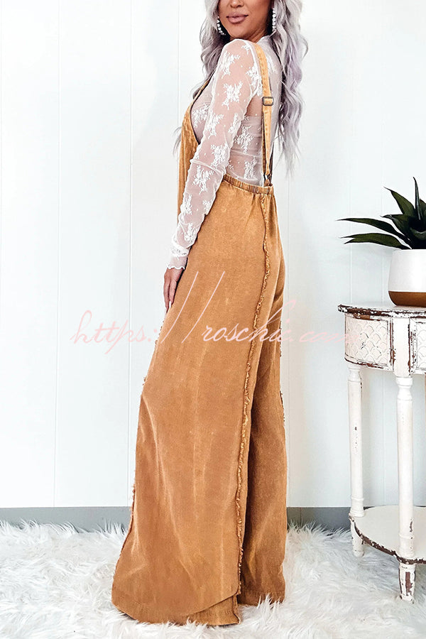 Washed Denim Raw Edge Elastic Waist Wide Leg Jumpsuit