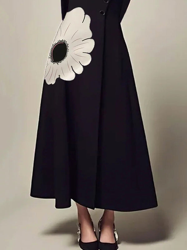 A-line Long Sleeves Flower Print High Neck Midi Dresses