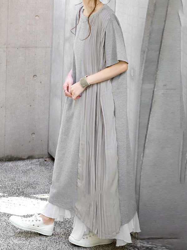 Loose Short Sleeves Pleated Color Split-joint Round-neck Midi Dresses