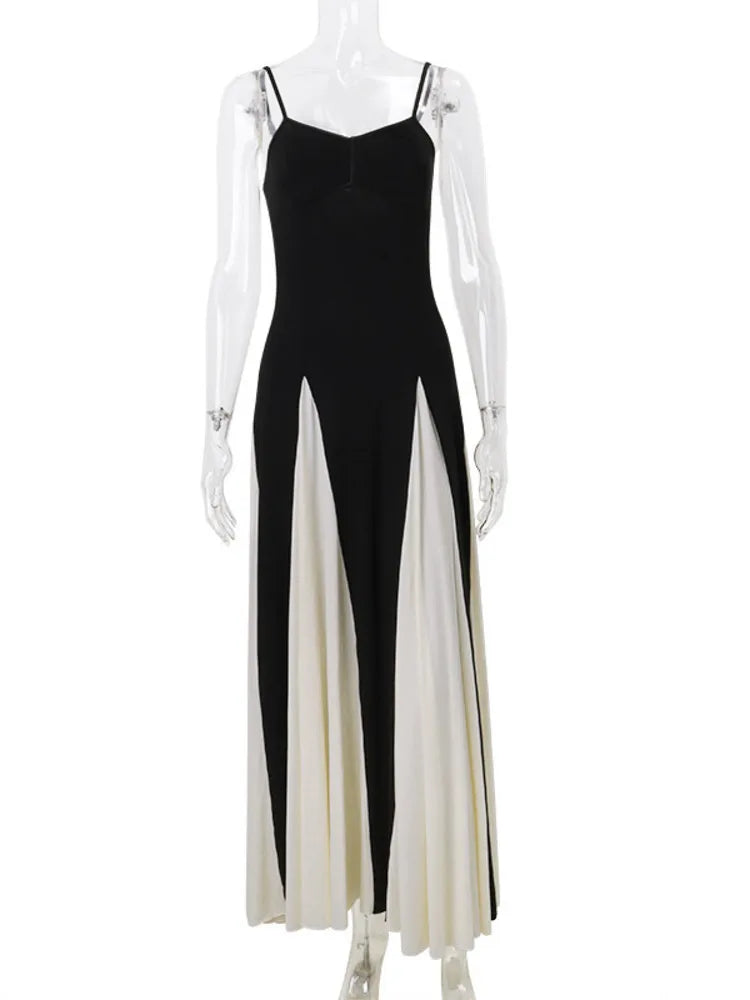 Patchwork Spaghetti Strap Long Dress for Sleeveless Backless Evening Maxi Dress