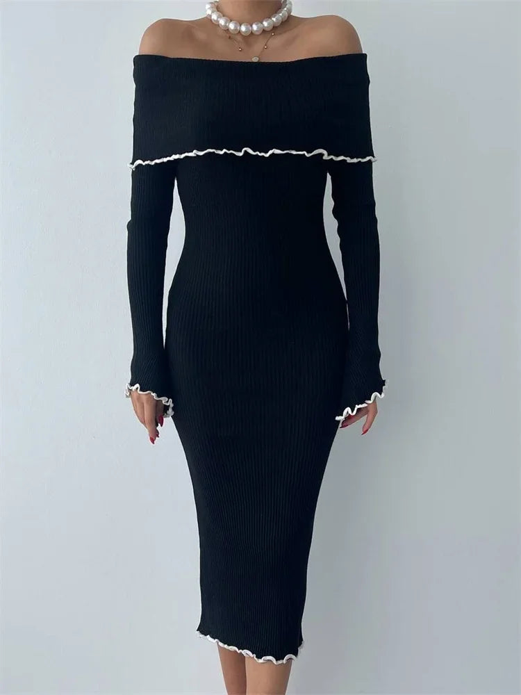 Ruffled Slim Knit Dress ’s Backless Long Sleeve Bandeau Contrast Autumn Party Dress Knitwear Maxi Dress