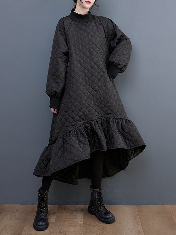 Long Sleeves A-line Rhombic Falbala High-neck Midi Dresses