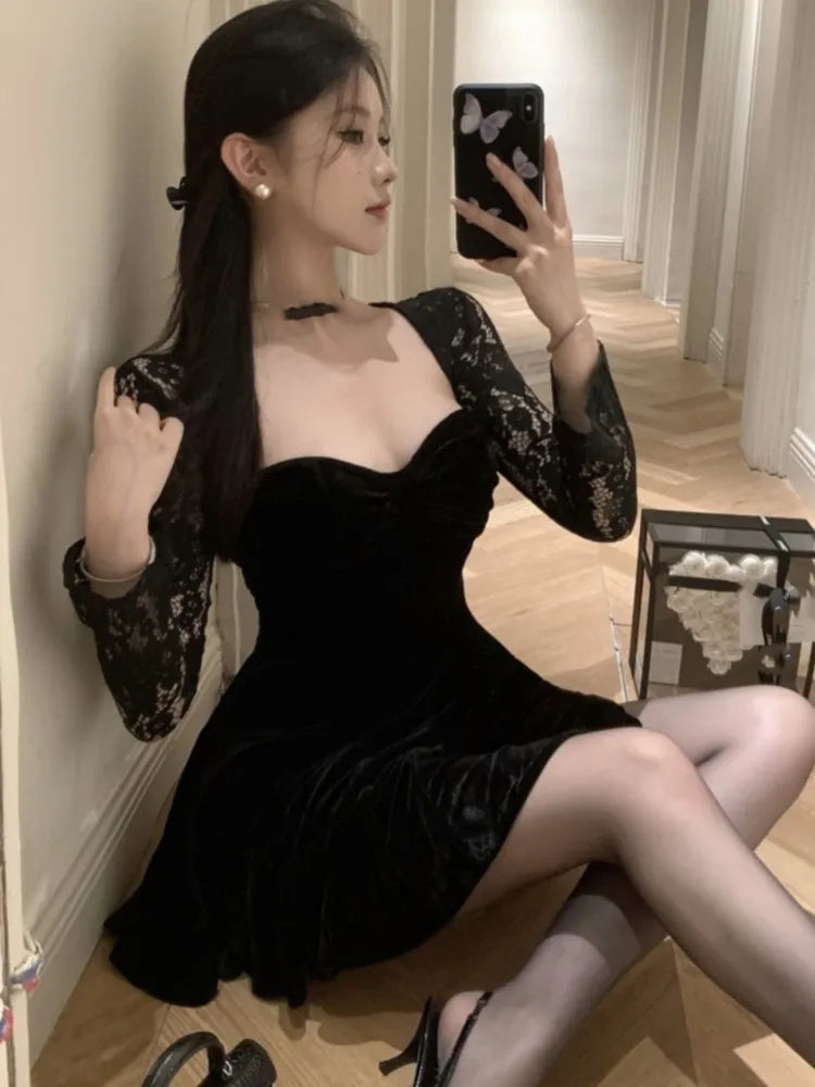 Velet Mini Dress Mesh Pactwork Long Sleeves Square Collar High Waist A-line Autumn Spring Evening Party Vestidos New