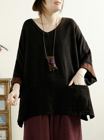 V-neck 100%linen Blouse Ak1006