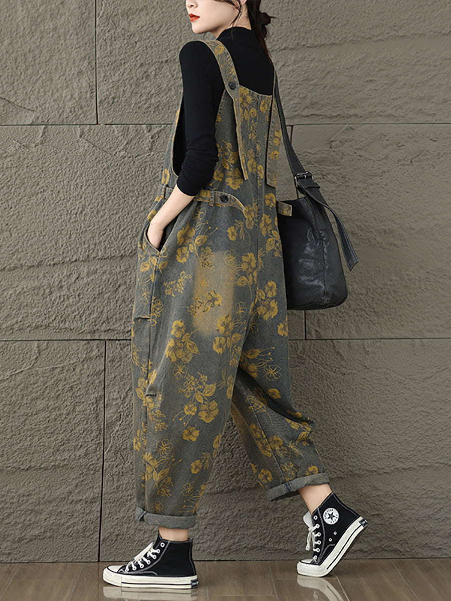 Autumn Retro Flower Zipper Denim Jumpsuits Ax1002