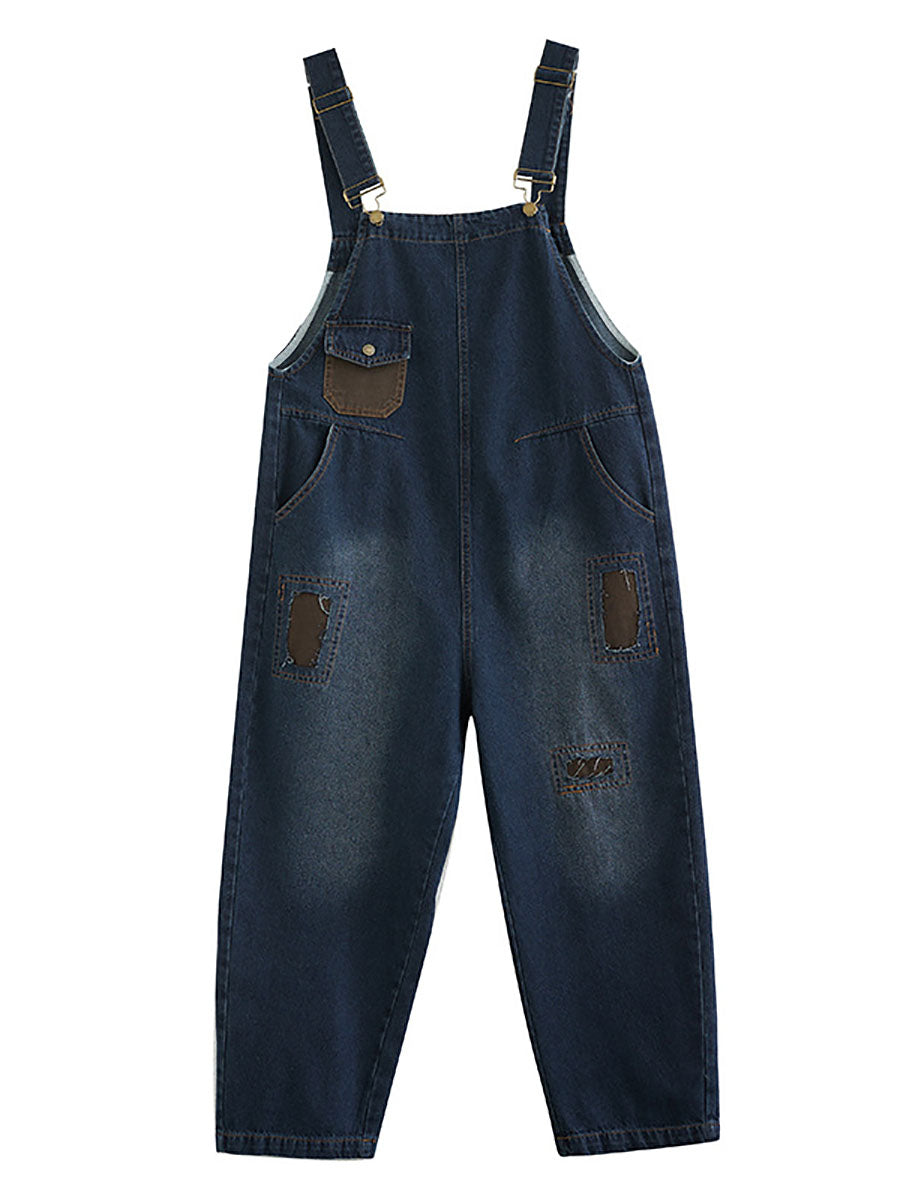Autumn Retro Patchwork Denim Pocket Jumpsuits Ai1048