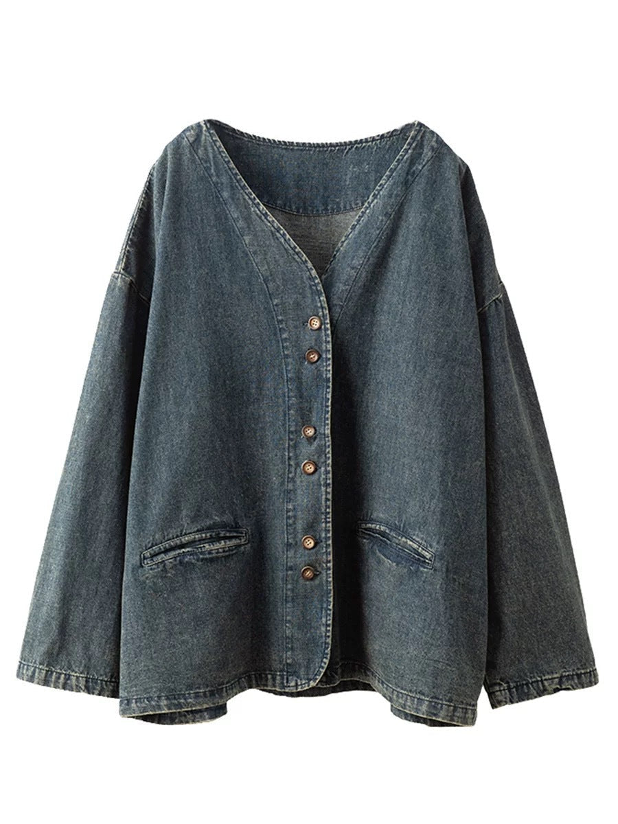 Autumn Pure Color V-neck Denim Coat At1039