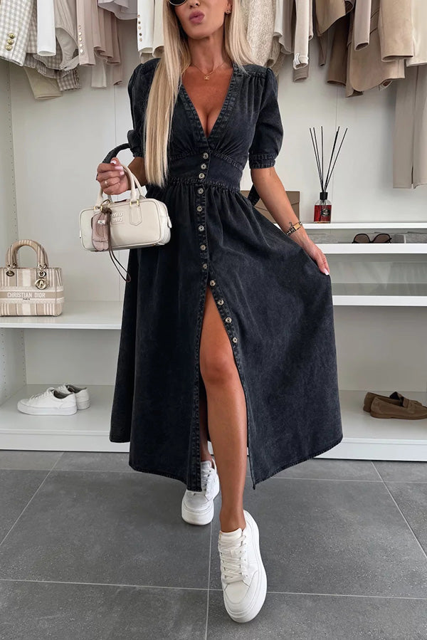 Color V-neck Button-down Denim Midi Dress