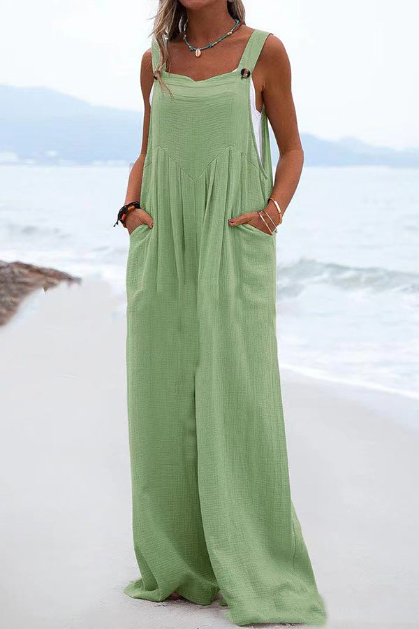 Button Suspender Wide Leg Line Jumpsuit