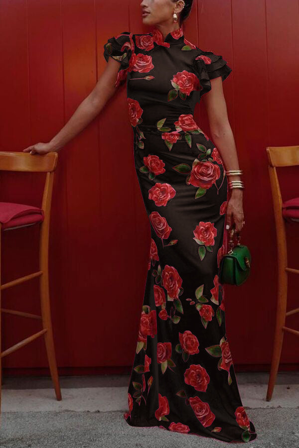 Cheongsam Style Rose Print Tiered Flare Sleeve Stretch Maxi Dress