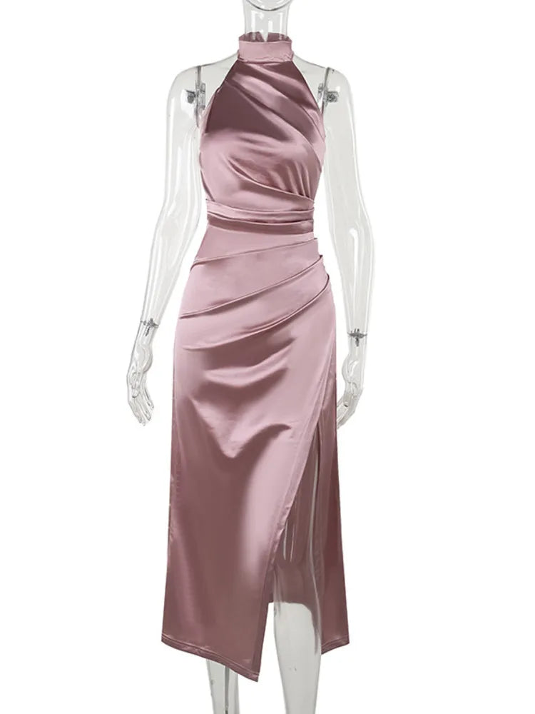 Satin Hanging Collar Sleeveless Split Slim Fit Dress Slim Summer New Long Dress Party Evening Dress