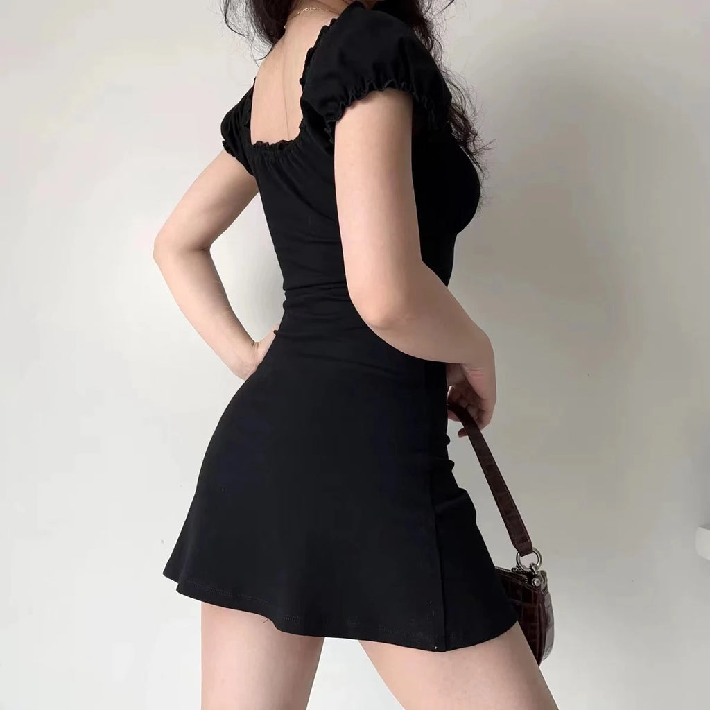 Summer Mini Dress Short Sleeved Lace Up Hollow Backless Folds Bodycon Black Dress Party A-line Dresses