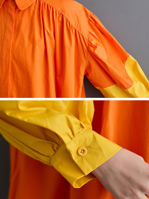 Loose Puff Sleeves Contrast Color Pleated Split-joint Lapel Midi Dresses Shirt Dress