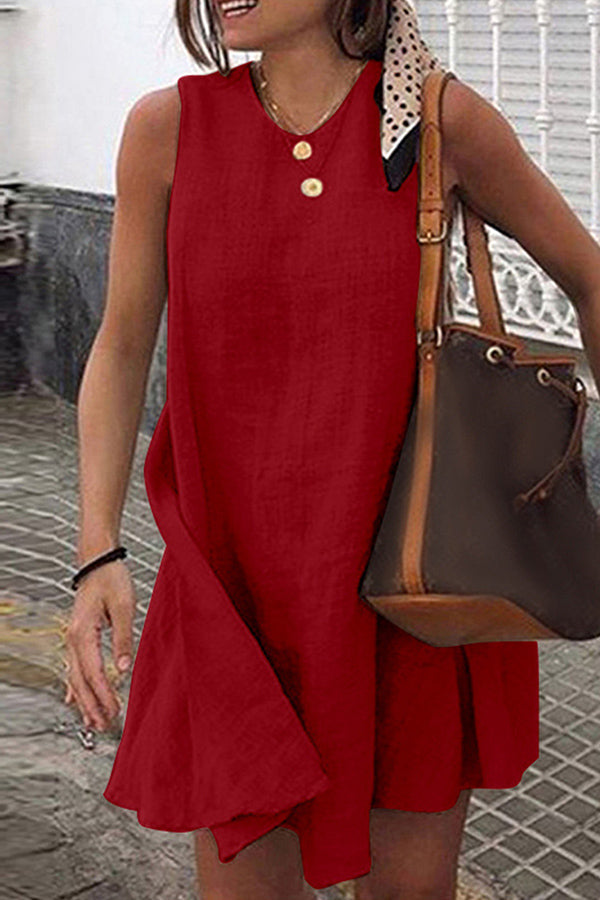Round Neck Sleeveless Cotton Linen Mini Dress