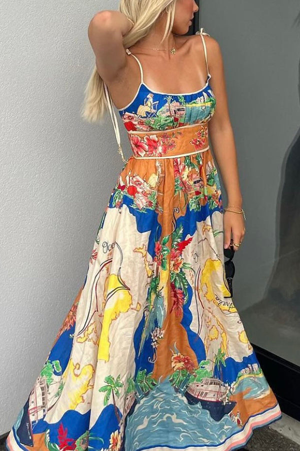 Unique Printed Lace-up Suspender Pockets Resort Style Midi Dress