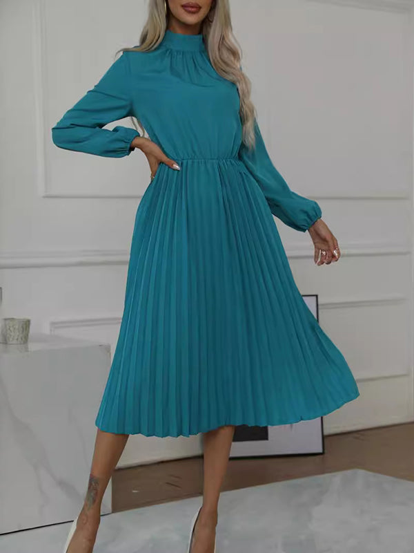 Long Sleeves Loose Buttoned Elasticity Hollow No Belt Pleated Color High Neck Midi Dresses