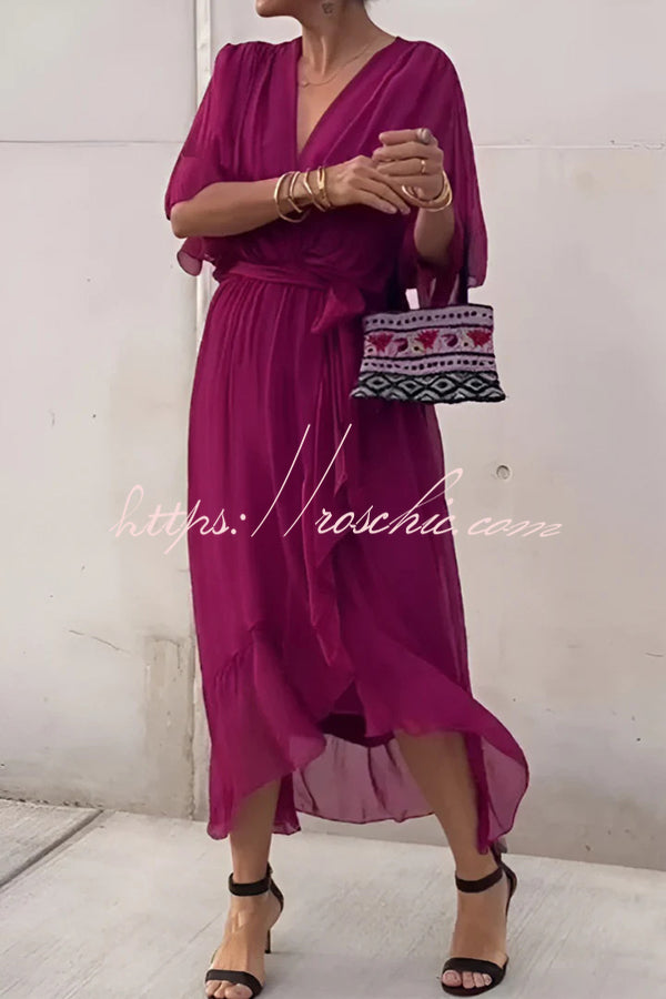 Color V-neck Bat Sleeve Lace-up Irregular Hem Midi Dress