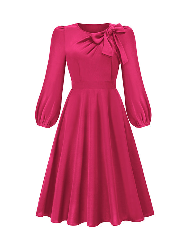 A-line Long Sleeves Asymmetric Bowknot Elasticity Color Round-neck Midi Dresses