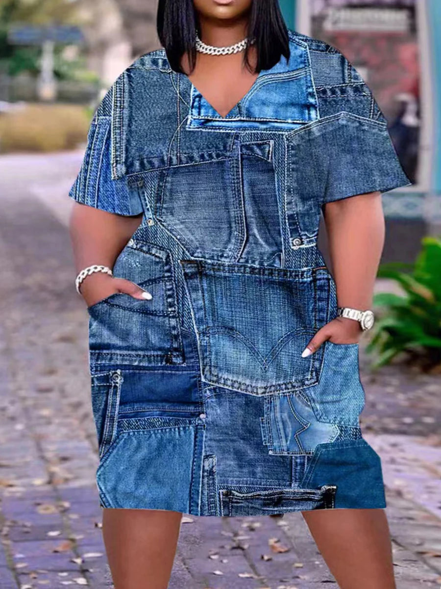 Imitation Denim V Neck Pocket Design Dress ’s T-shirt Summer Loose Dress Vestidos