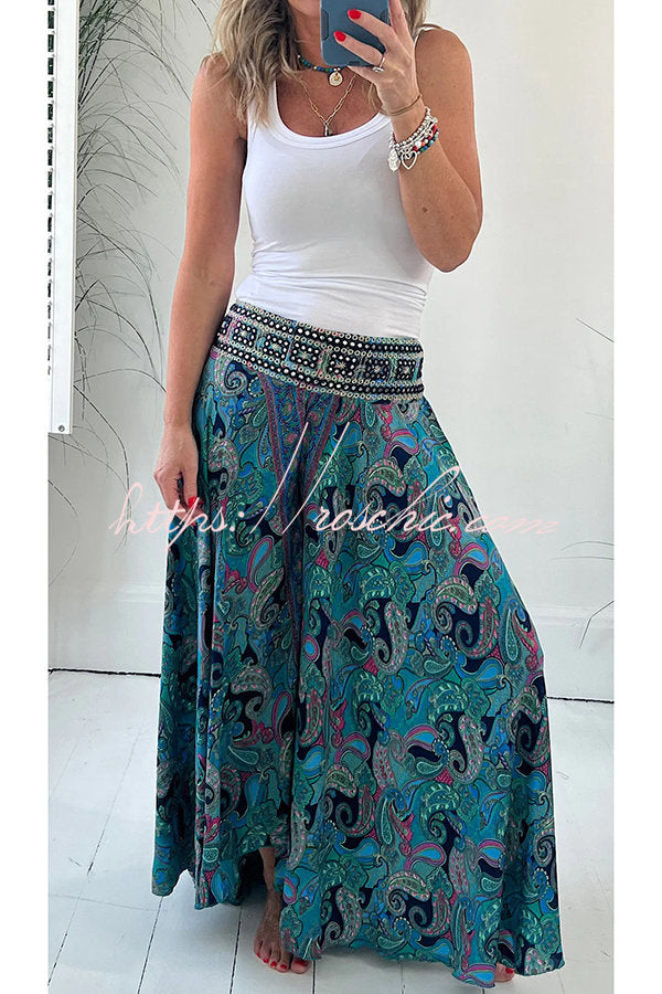 Paisley Print Elastic Patchwork Waist Pocketed Lightweight Pants