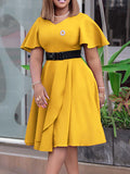 Irregular Clipping Belted Color Round-neck Midi Dresses