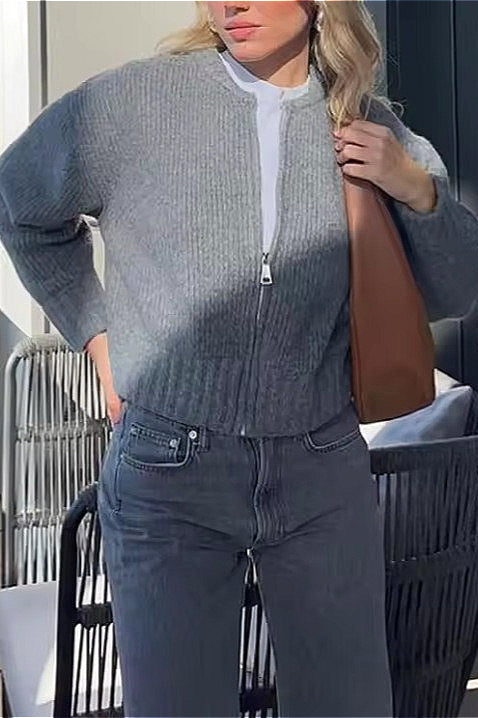 Crew-neck Long-sleeve Zip Knit Cardigan