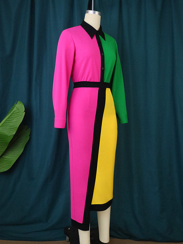 High Waisted Long Sleeves Asymmetric Buttoned Contrast Color Split-back Lapel Midi Dresses