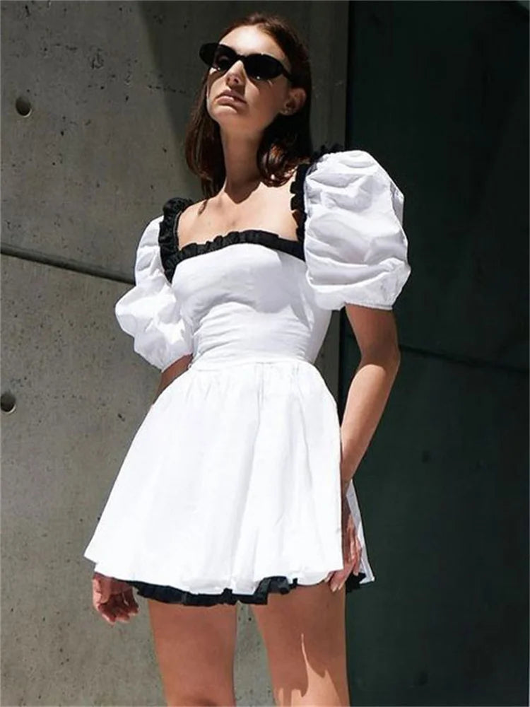 Female Contrast Patchwork Mini Dress Short Sleeve Slim High Street Holiday Dress Party Gown Ruffled Dress