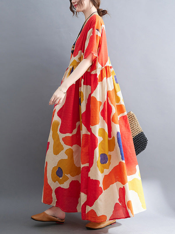 Artistic Retro Short Sleeves Loose Contrast Color Printed Round-neck Midi Dresses