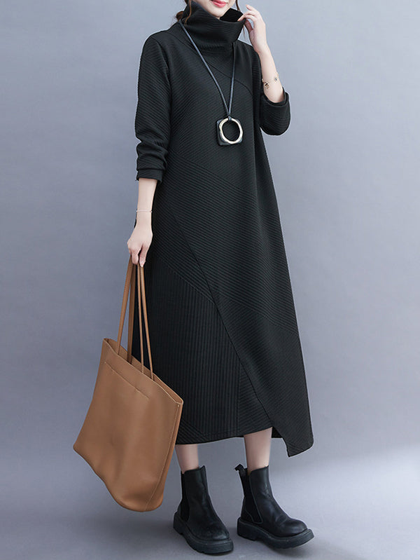 Irregularity Long Sleeves Color High-neck Midi Dresses