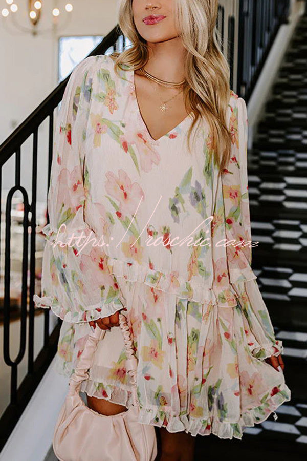 Striking Pleated Print V Neck Ruffle Paneled Long Sleeve Mini Dress